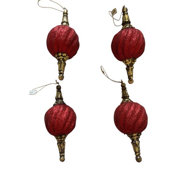 6 Katherine's Christmas Collection Red Glitter Swirl Ornaments W Gold Tips Base - Picture 2 of 10